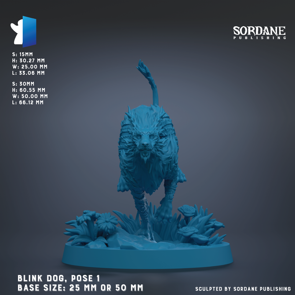 The image is a 3D rendering of a blue, animal-like creature with a long neck and tail, standing on a base. The creature appears to be a blend of a dog and a dinosaur-like creature, with a blue color scheme. The base size of the creature is either 25 mm or 50 mm, depending on the perspective. The image is a 3D model of the creature, and it is presented in a realistic style.