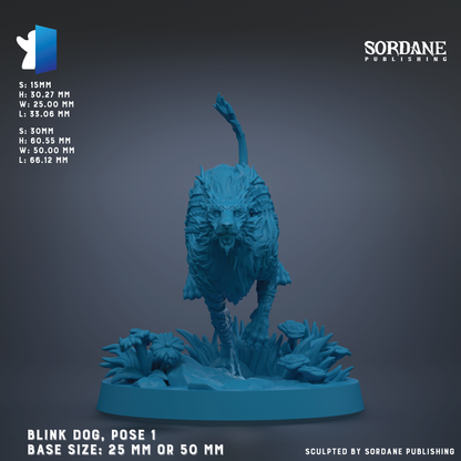 The image is a 3D rendering of a blue, animal-like creature with a long neck and tail, standing on a base. The creature appears to be a blend of a dog and a dinosaur-like creature, with a blue color scheme. The base size of the creature is either 25 mm or 50 mm, depending on the perspective. The image is a 3D model of the creature, and it is presented in a realistic style.