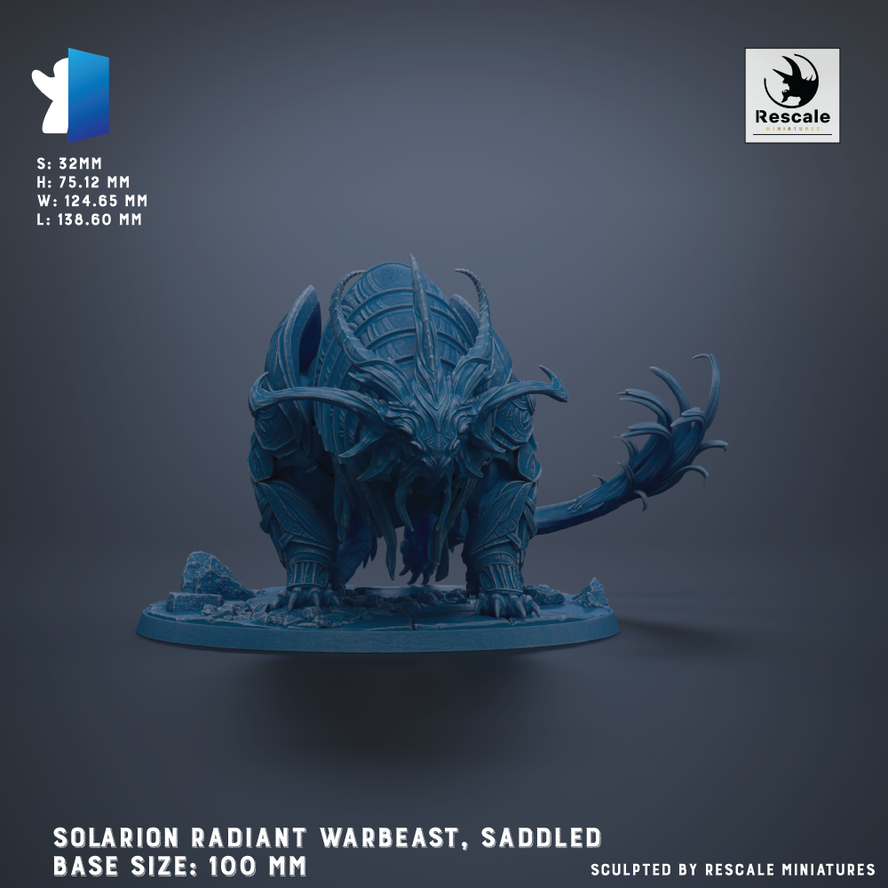 a large, detailed model of a Solarion Radiant Warbeast, a type of armored creature, with a saddle on its back. The base size of the model is 100 millimeters.