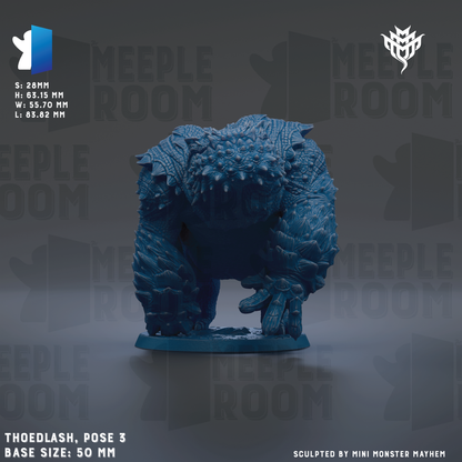 a blue figurine of a creature, possibly a monster or a dragon, posed in a crouching position. The figurine is described as a "base size" of 50 millimeters, and it is "sculpted by mini monster mayhem". The background of the image is dark, and there are repeated instances of the word "MEIPLE ROOM" in the background.