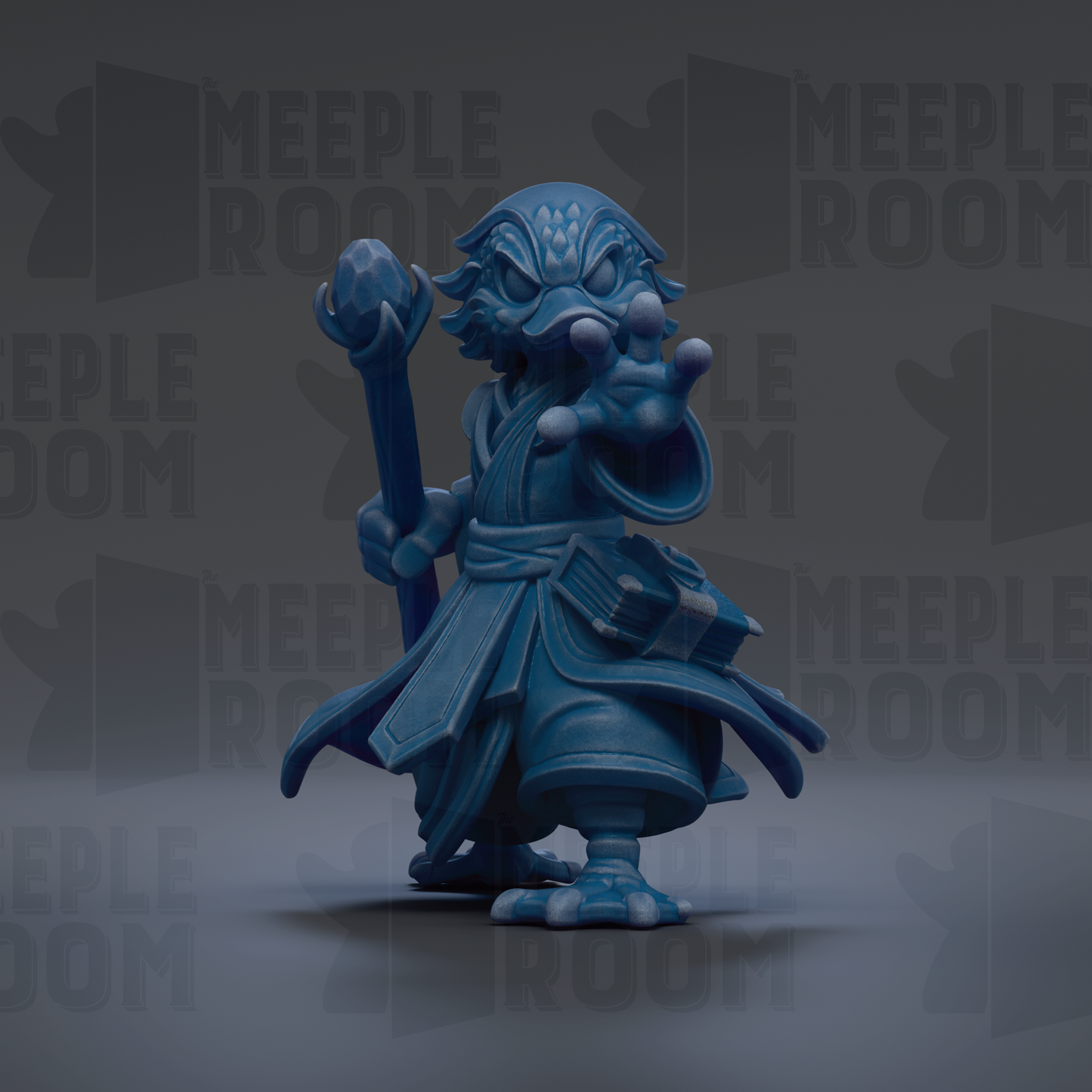 A blue, cartoonish-looking creature with a pointed hat and a staff, standing in a dark background with the text "MEEPLE ROOM" repeated multiple times.