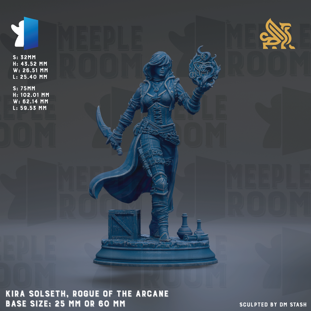 The image is a detailed statue of a female character named Kira Solseith, who is portrayed as a Rogue of the Arcane. The statue is made of a material that appears to be bronze and is designed to be a base size of 25mm or 60mm. The statue is shown in a dynamic pose, holding a staff and a staff-like object, which suggests that it is a character with magical abilities. The statue is set against a dark background, which contrasts with the statue's blue color and makes it stand out prominently.