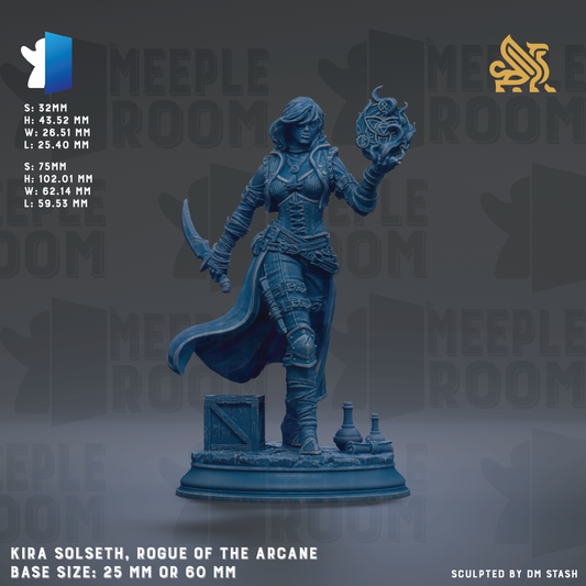 The image is a detailed statue of a female character named Kira Solseith, who is portrayed as a Rogue of the Arcane. The statue is made of a material that appears to be bronze and is designed to be a base size of 25mm or 60mm. The statue is shown in a dynamic pose, holding a staff and a staff-like object, which suggests that it is a character with magical abilities. The statue is set against a dark background, which contrasts with the statue's blue color and makes it stand out prominently.
