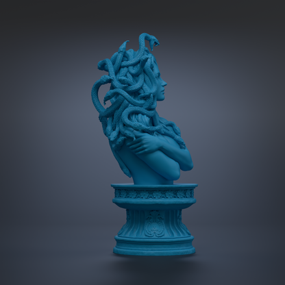 A blue bust sculpture of a woman with snakes wrapped around her head and neck, standing on a pedestal.