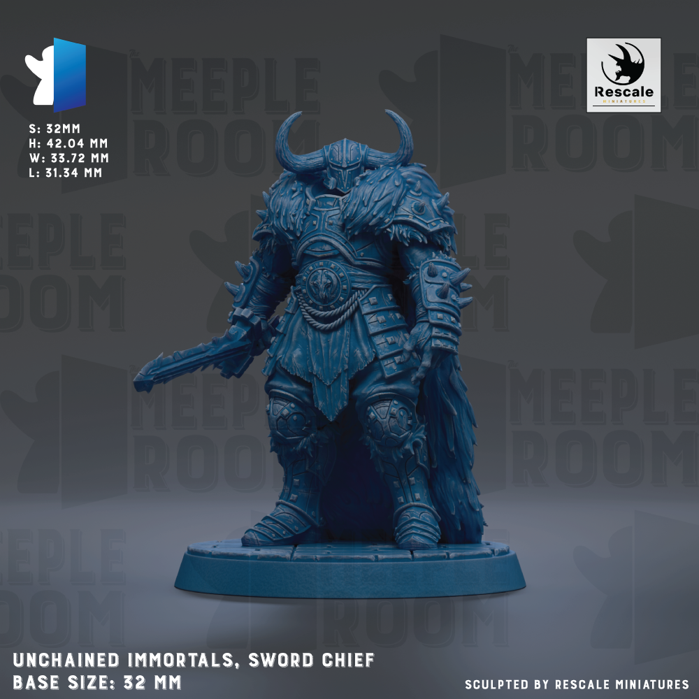 a detailed blue figurine of a sword-wielding warrior, likely a character from a fantasy or adventure game. The figurine is standing on a base and is described as an "Unchained Immortals" sword chief. The base size of the figurine is 32mm.