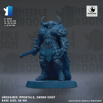 a detailed blue figurine of a sword-wielding warrior, likely a character from a fantasy or adventure game. The figurine is standing on a base and is described as an "Unchained Immortals" sword chief. The base size of the figurine is 32mm.