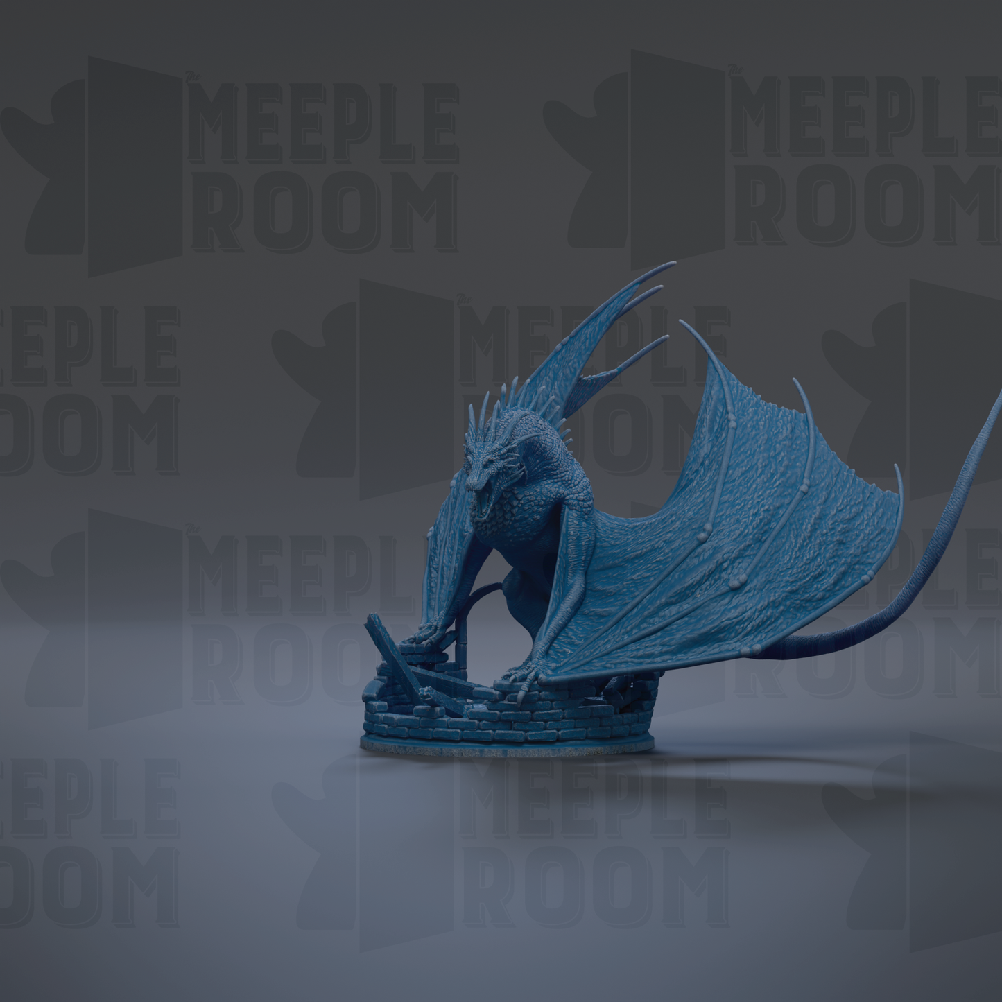 A blue dragon figurine is depicted in a dynamic pose, with its wings spread wide and its head turned to the side. The dragon is standing on a platform, which appears to be a base or pedestal. The background of the image is dark, providing a stark contrast to the dragon and making it the focal point of the image.