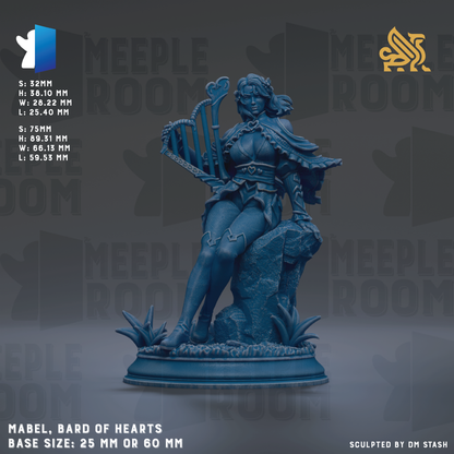 The image is a detailed statue of a woman, specifically the Bard of Hearts, with a focus on her attire and the surrounding elements. The statue is made of a dark blue material and is placed on a pedestal. The base size of the statue is either 25mm or 60mm, depending on the perspective. The image is a collage of various images, and the caption provided does not include any redundancy or vague descriptions.