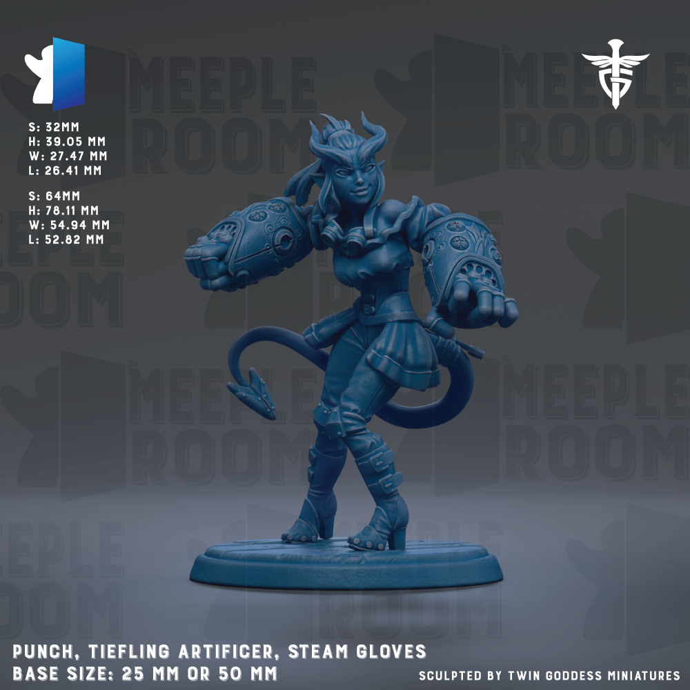 a detailed model of a Punch, Tiefling Artificer, and Steam Gloves, with a base size of 25mm or 50mm.