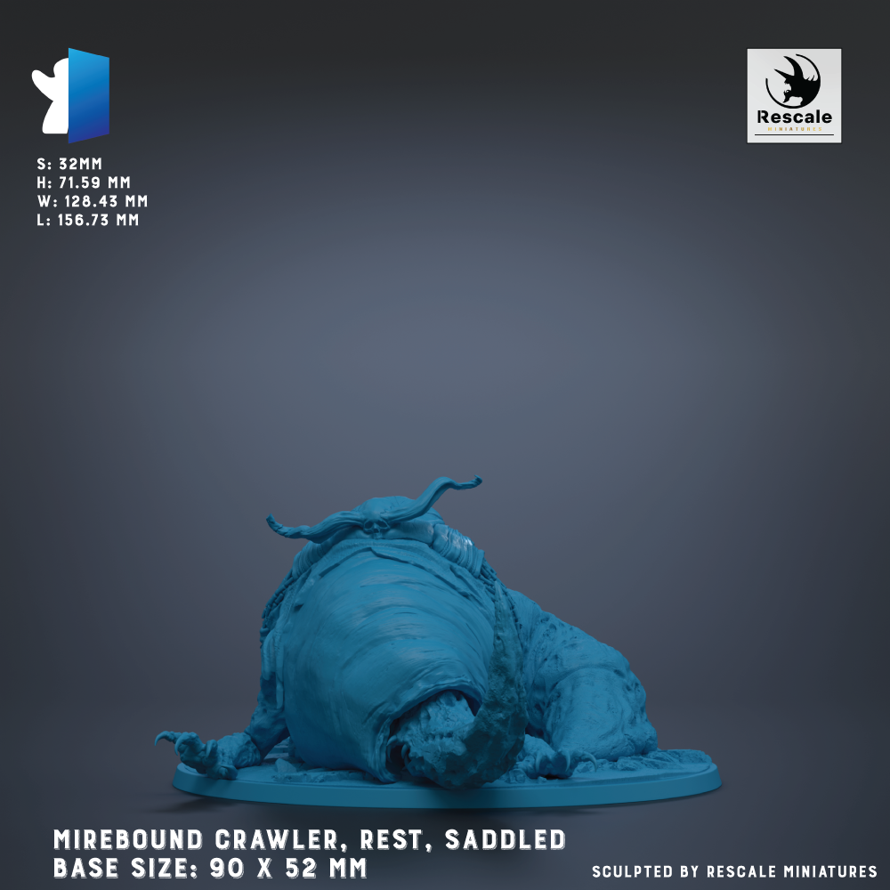 The image is a 3D model of a blue mirebound crawler, a type of armored creature, with a textured surface and a large head. The base size is 90 x 52 mm, and the image is described as being sculpted by Rescale miniatures.