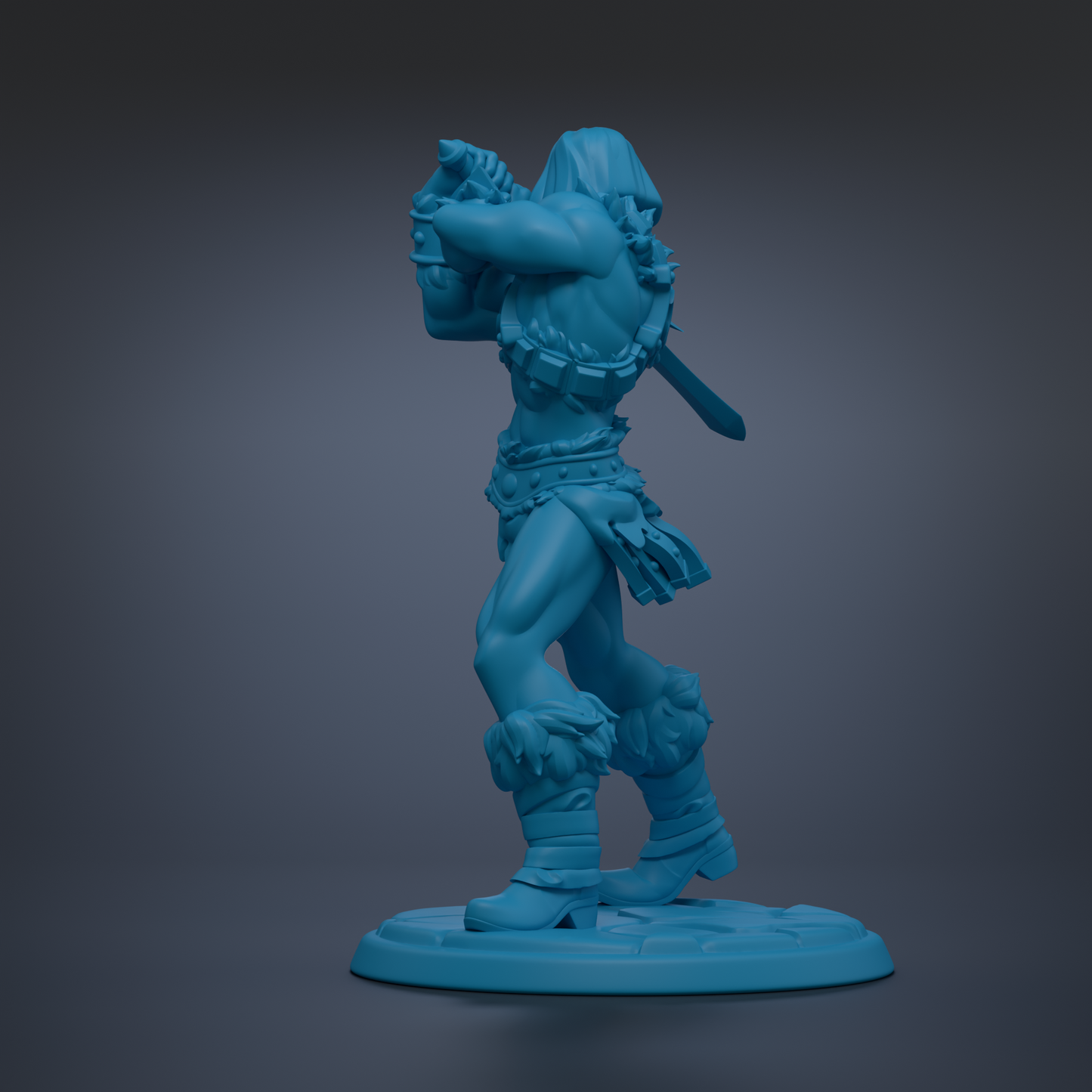 A blue figurine of a muscular, armored figure holding a weapon and standing on a base.