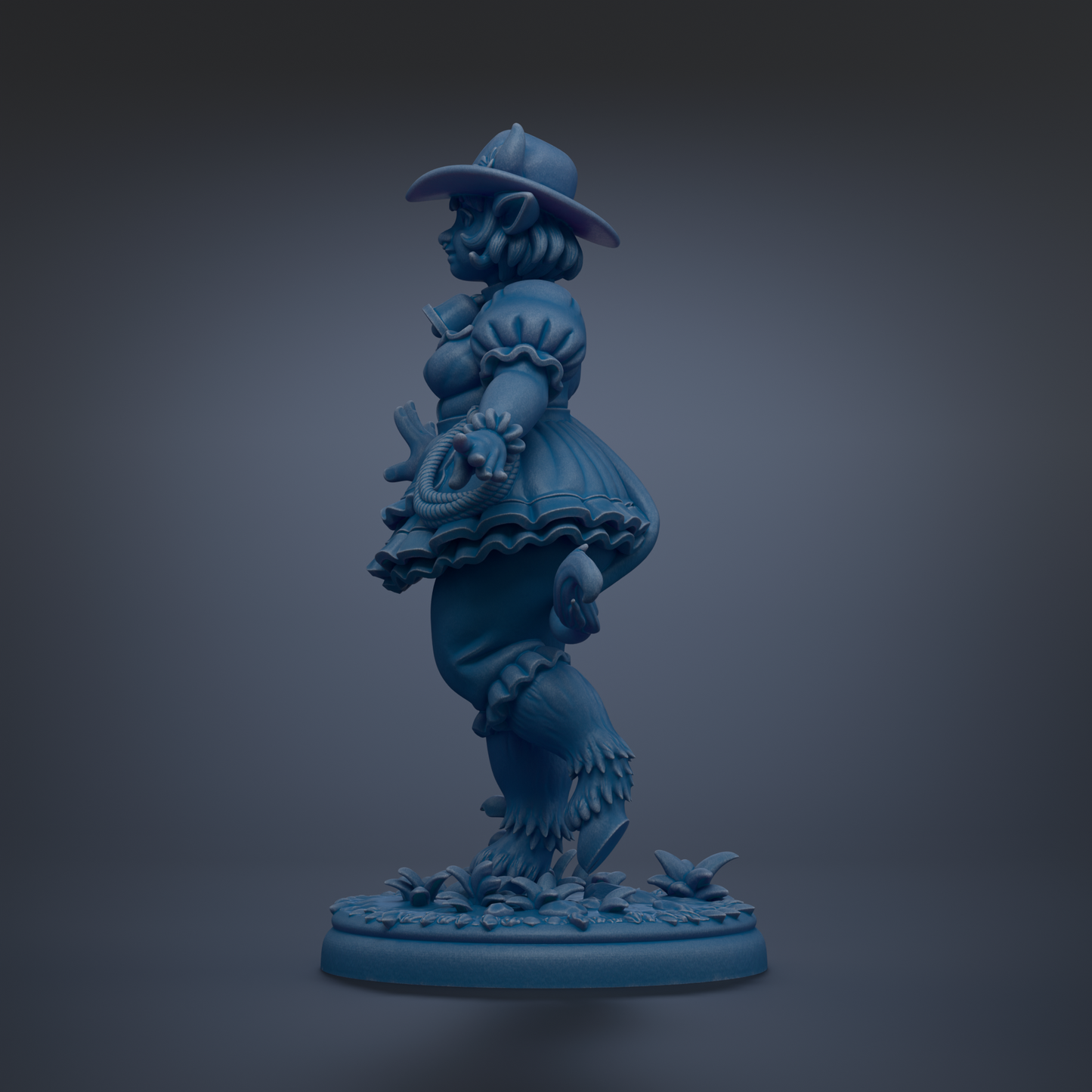 A blue figurine of a woman with a hat and a flowing dress, standing on a base with flowers.