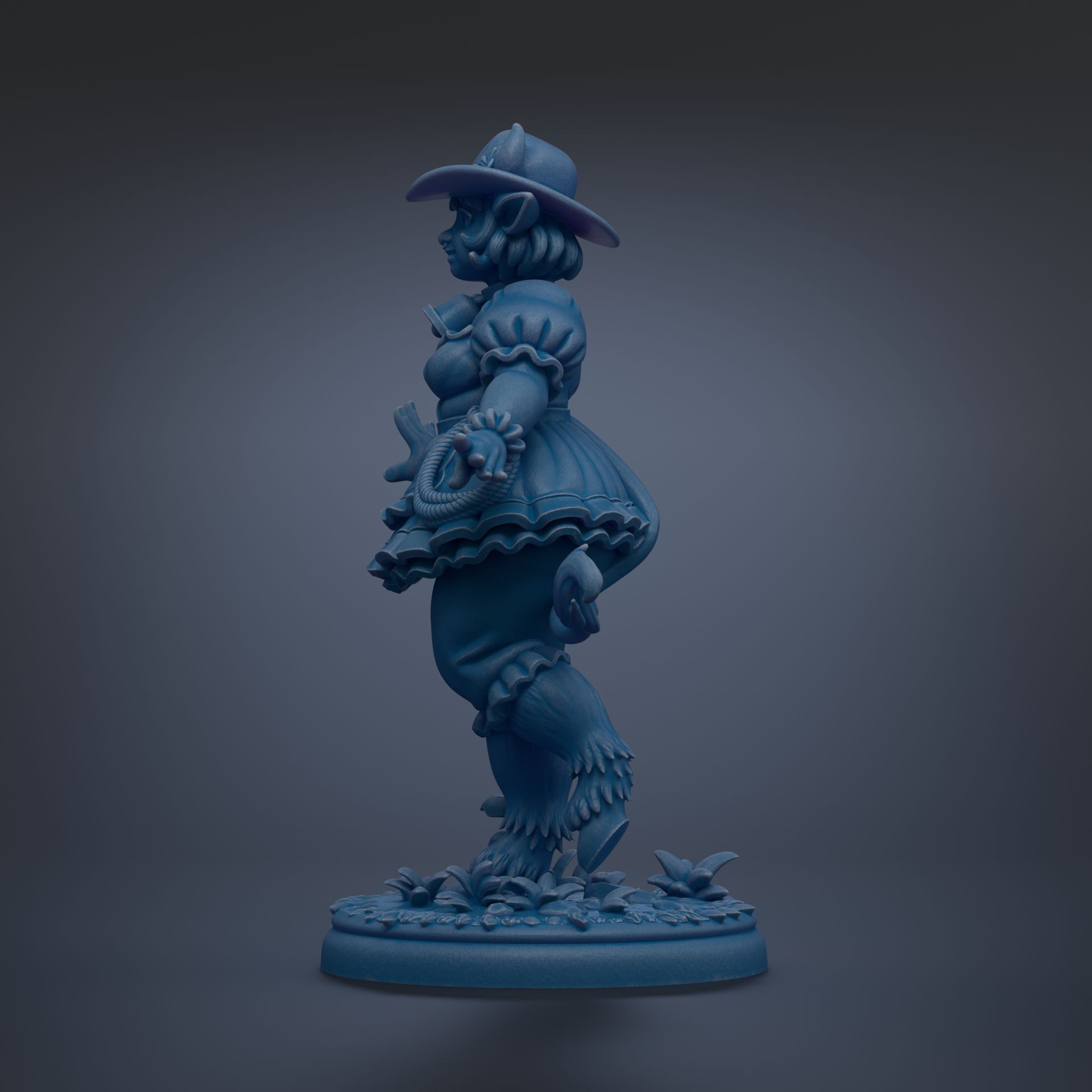 A blue figurine of a woman with a hat and a flowing dress, standing on a base with flowers.