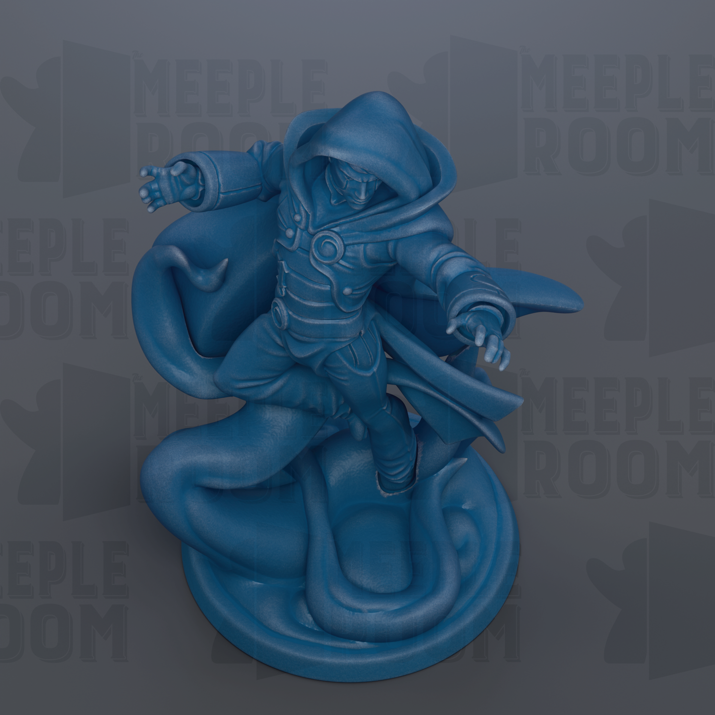 A blue figurine of a person with a hooded cloak, standing on a platform and appearing to be in motion.