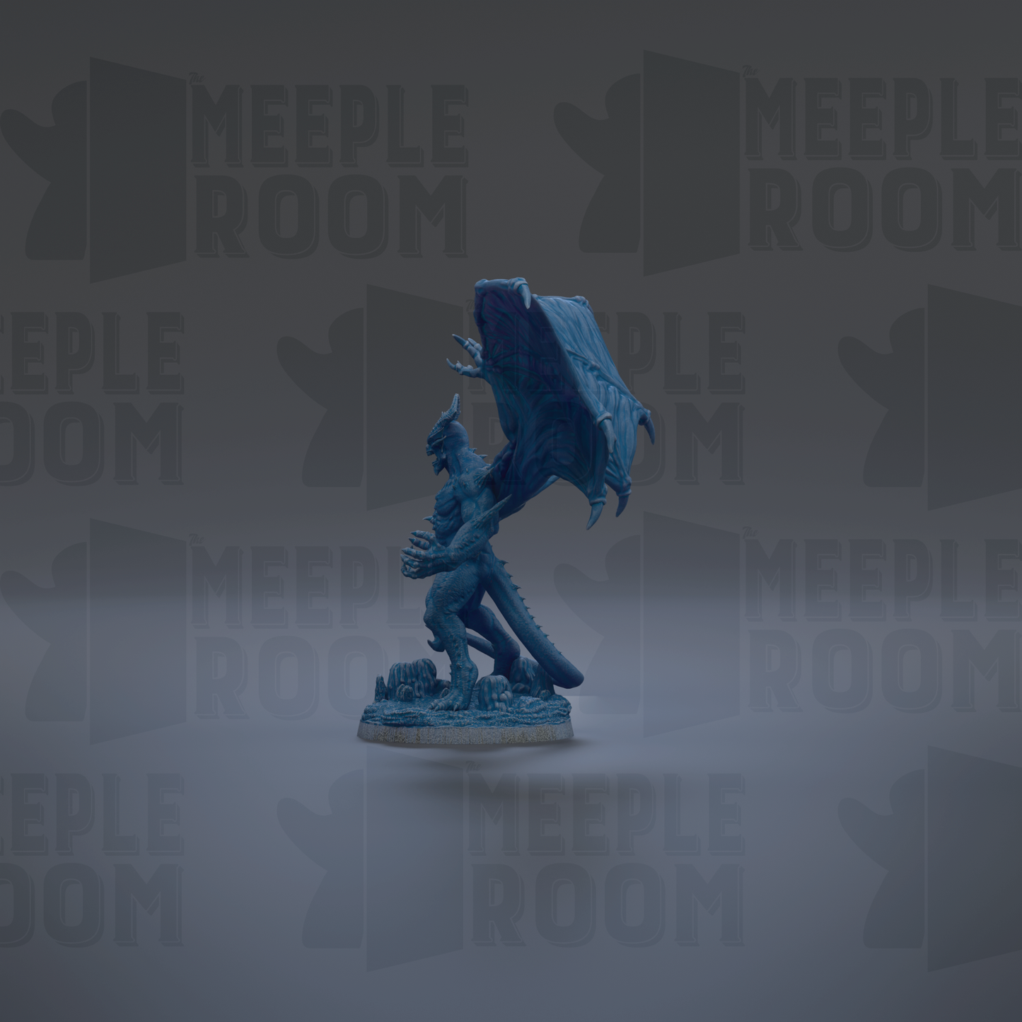 A blue dragon figurine is standing on a gray surface against a dark background with repeated text.