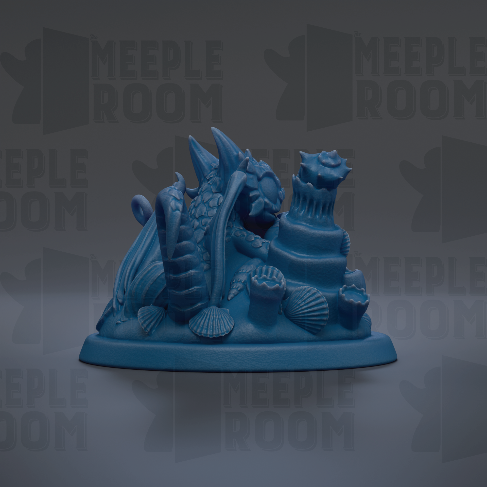 A blue ceramic figurine depicting a sea creature, possibly a dragon or sea monster, surrounded by various sea-themed objects such as shells and coral.