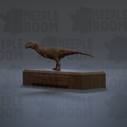 A 3D rendering of a meekasaurus dinosaur, specifically a Mallosaurus, standing on a pedestal.