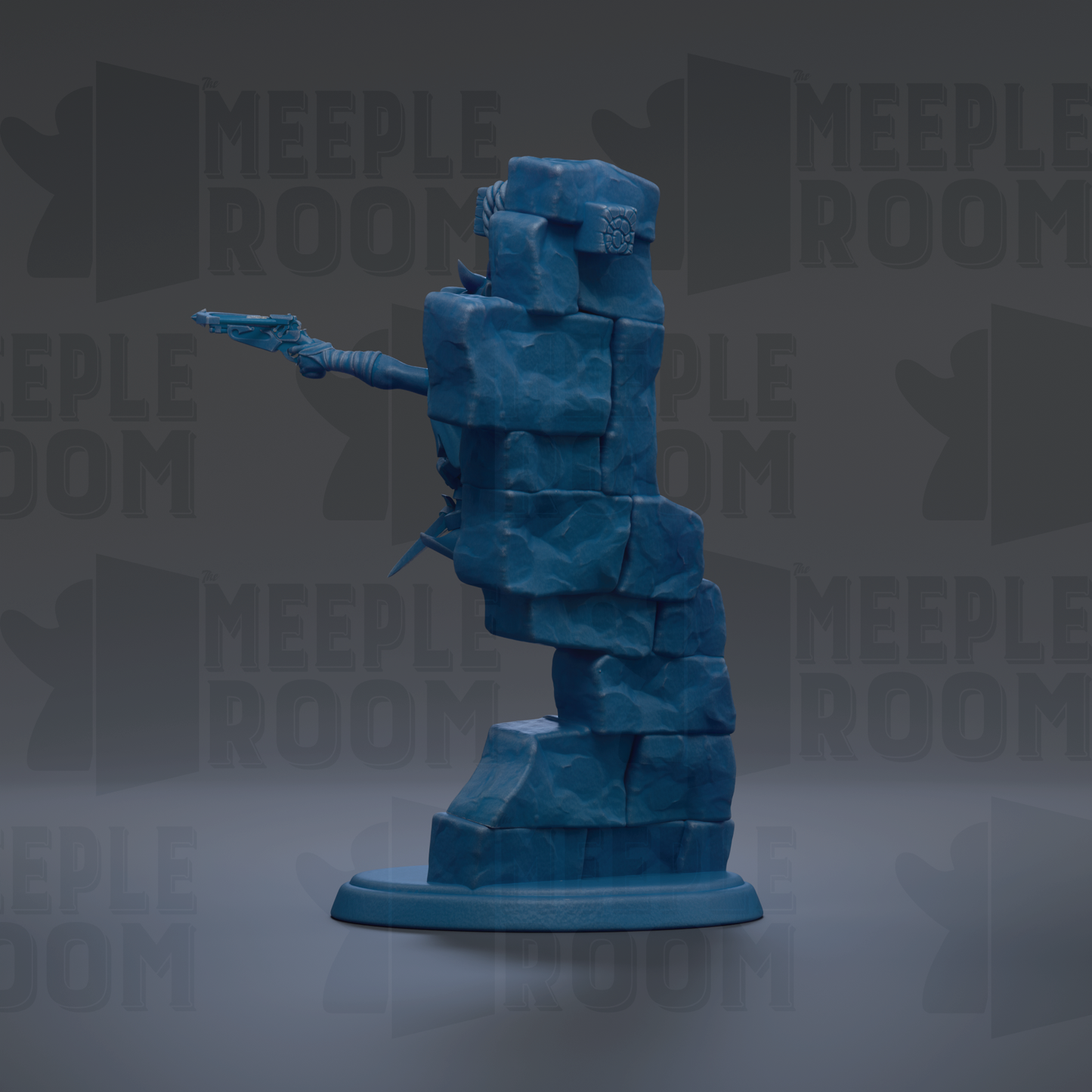 A blue, 3D-rendered statue of a figure holding a weapon, standing on a base made of stacked blue blocks.