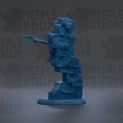 A blue, 3D-rendered statue of a figure holding a weapon, standing on a base made of stacked blue blocks.