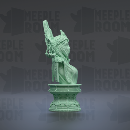 A green bust sculpture of a person with an ornate headdress, standing on a pedestal against a dark background with repeated text.
