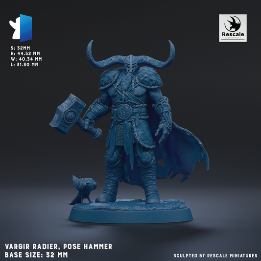 The image is a 3D rendering of a figurine of a warrior character, specifically a Vargir Radier, who is a hammer-wielding warrior. The figurine is posed with a hammer in one hand and a bird in the other. The base size of the figurine is 22mm.