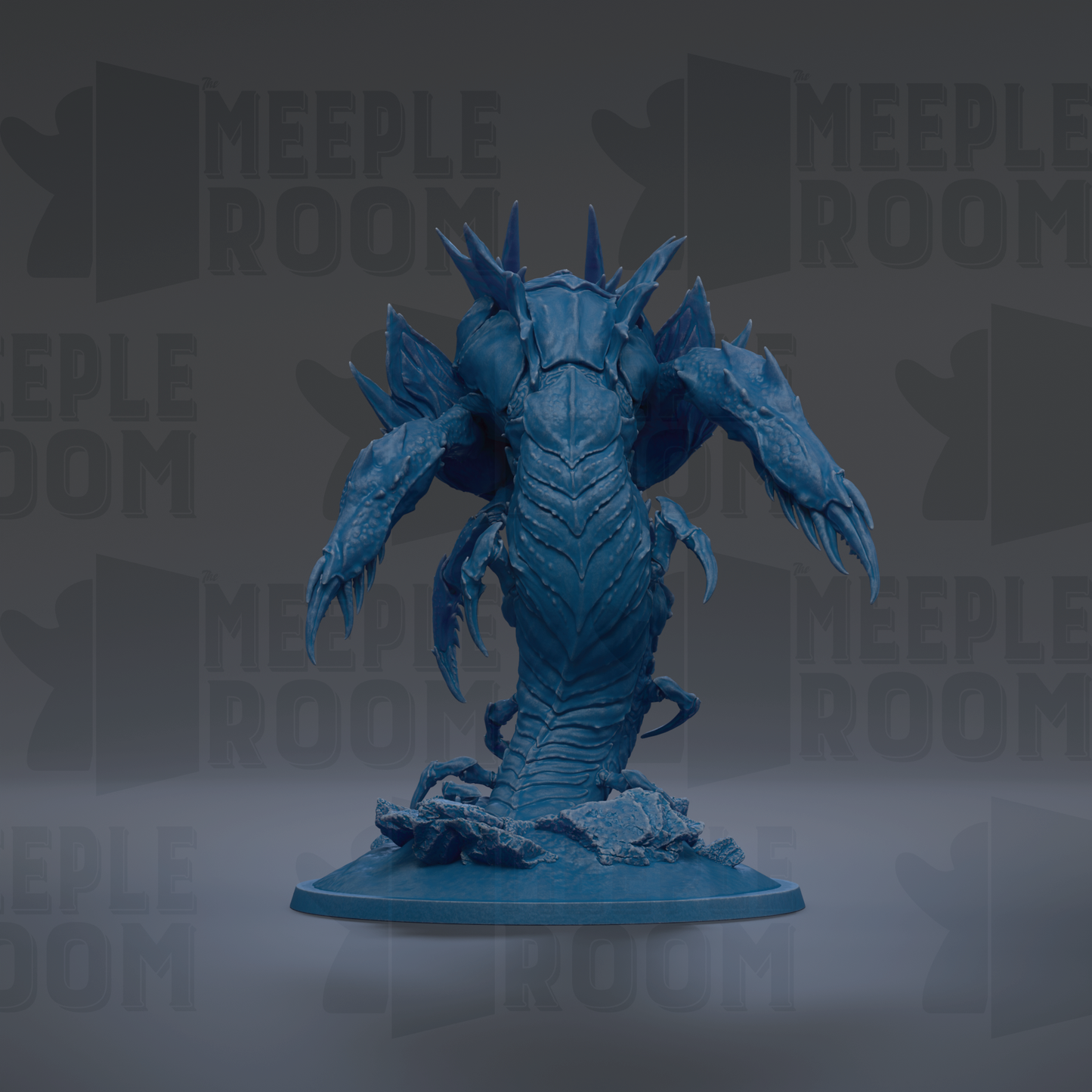 A blue, 3D-rendered creature resembling a dragon or serpent, with sharp teeth and claws, is the central focus of the image.