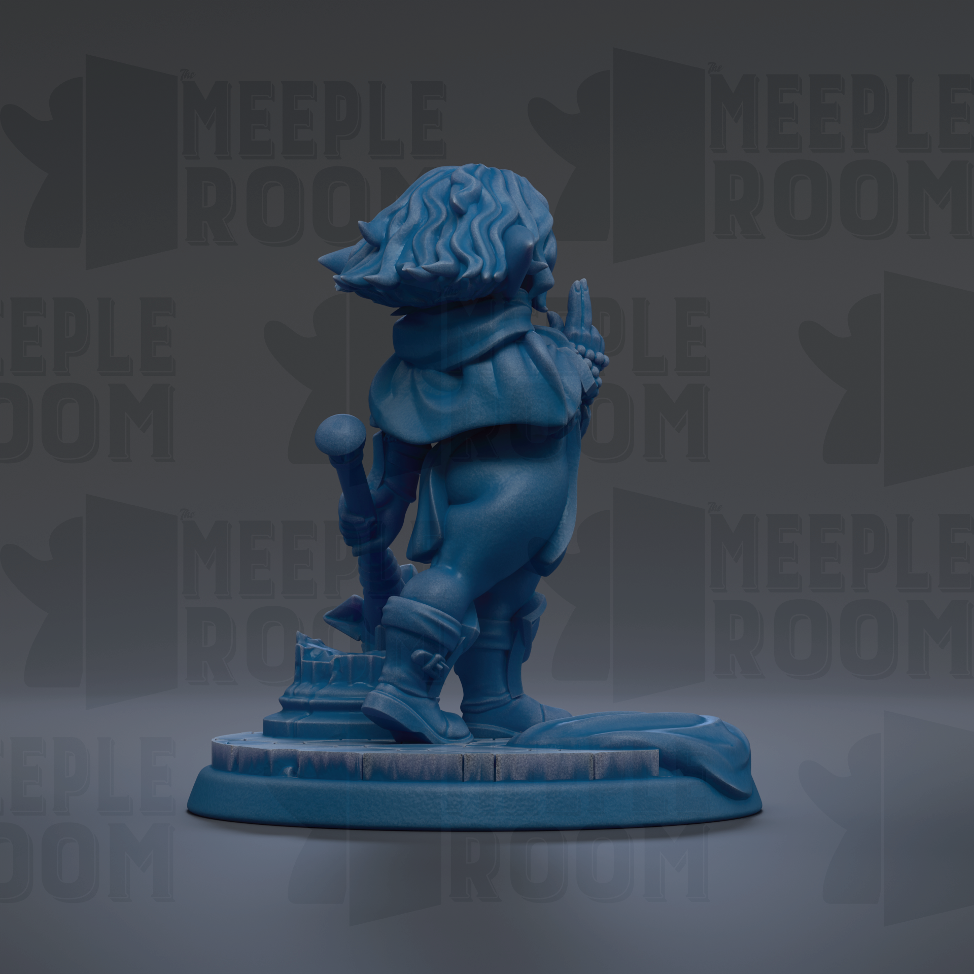 A blue figurine of a person standing on a pedestal, with the text "MEUPLE ROOM" repeated in the background.