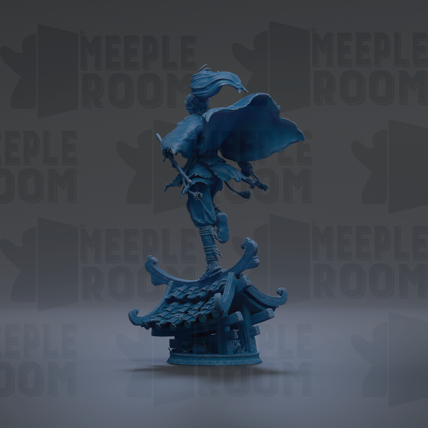 A blue statue of a person with a flowing cape stands on a small, ornate structure against a dark background with repeated "MEIPLE ROOM" text.