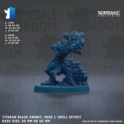 The image is a detailed model of a black knight, with the knight in a pose and a spell effect, displayed on a blue base. The knight is the main focus of the image, and the background features a dark gray color with repeated text and logos. The image does not contain any text, and the focus is on the knight and its surroundings.