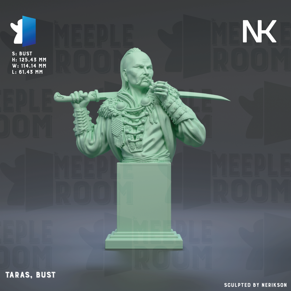 The image is a bust of a man, specifically Taras, bust, and it is made of a green material. The bust is posed with a sword in his hand, and it is displayed on a pedestal. The background of the image has the word "MEIPLE ROOM" repeated multiple times, suggesting that this is a part of a larger collection or series. The image does not contain any text, and it does not depict a scene or show any action. It is a static representation of the bust.
