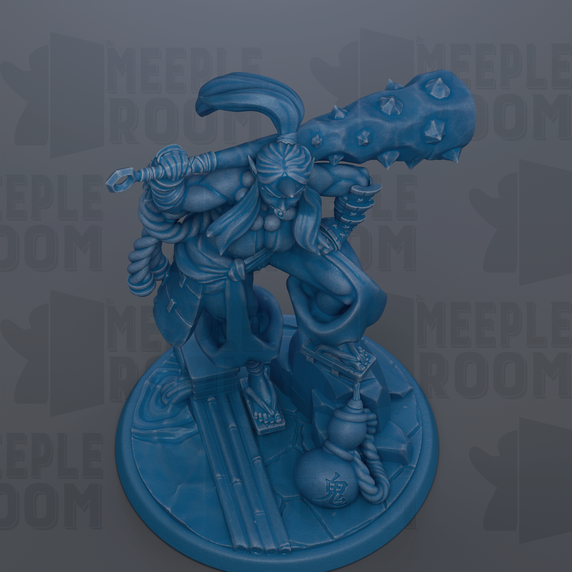 A blue figurine of a warrior figure holding a large weapon and standing on a platform.