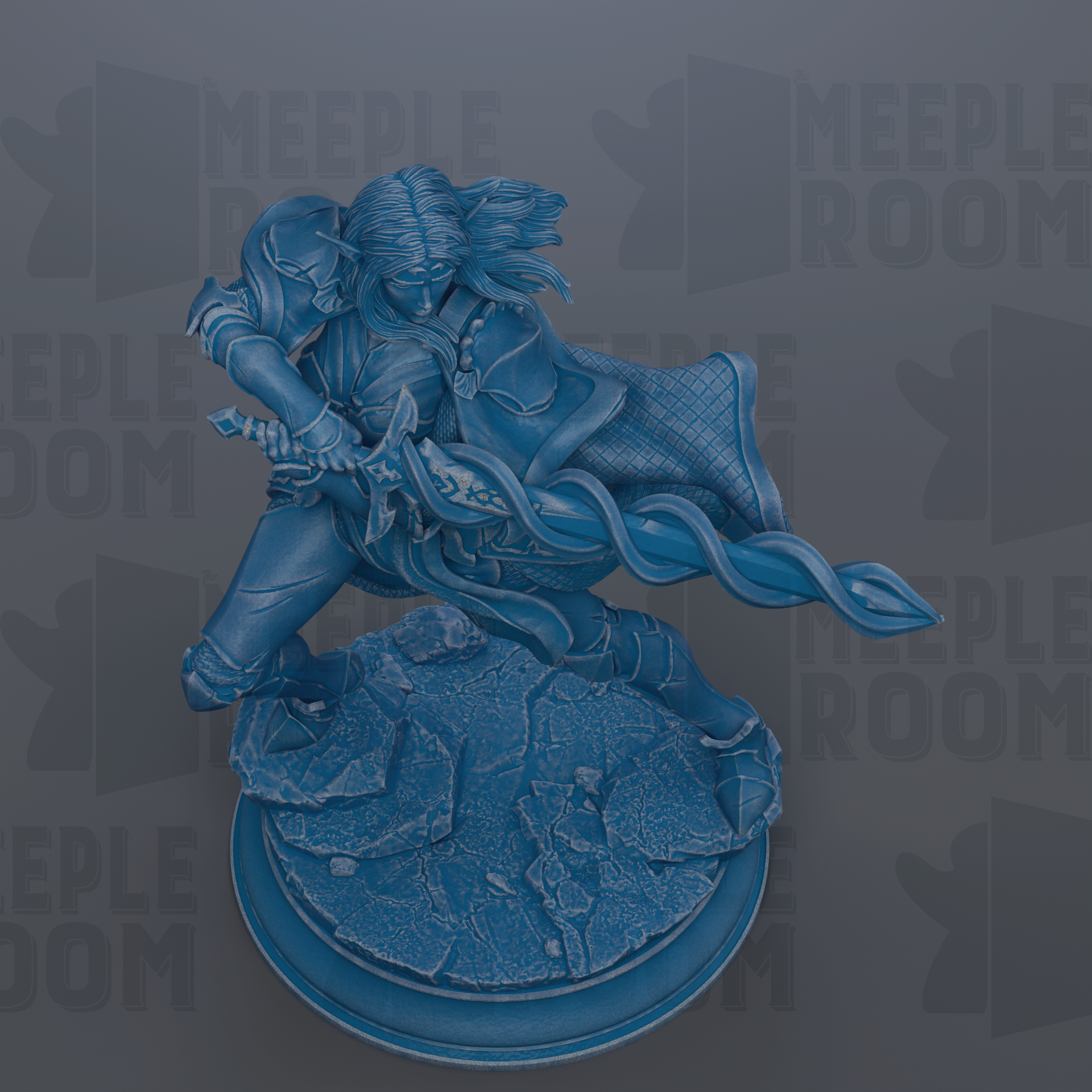 A blue statue of a warrior figure holding a sword and shield, standing on a rocky base.