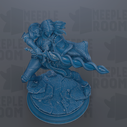 A blue statue of a warrior figure holding a sword and shield, standing on a rocky base.