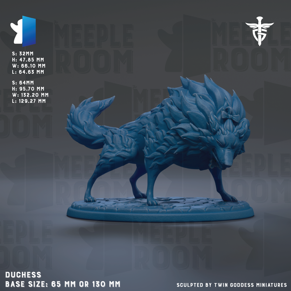The image is a detailed 3D model of a blue wolf statue, with the base size being either 65 mm or 130 mm. The statue is sculpted by Twin Goddess Miniatures.