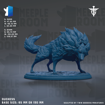 The image is a detailed 3D model of a blue wolf statue, with the base size being either 65 mm or 130 mm. The statue is sculpted by Twin Goddess Miniatures.