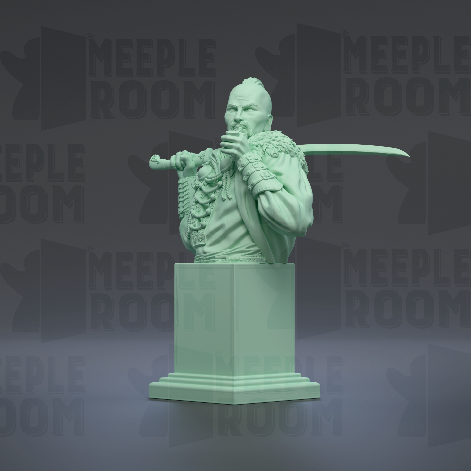 A green statue of a man holding a sword and shield, standing on a pedestal.