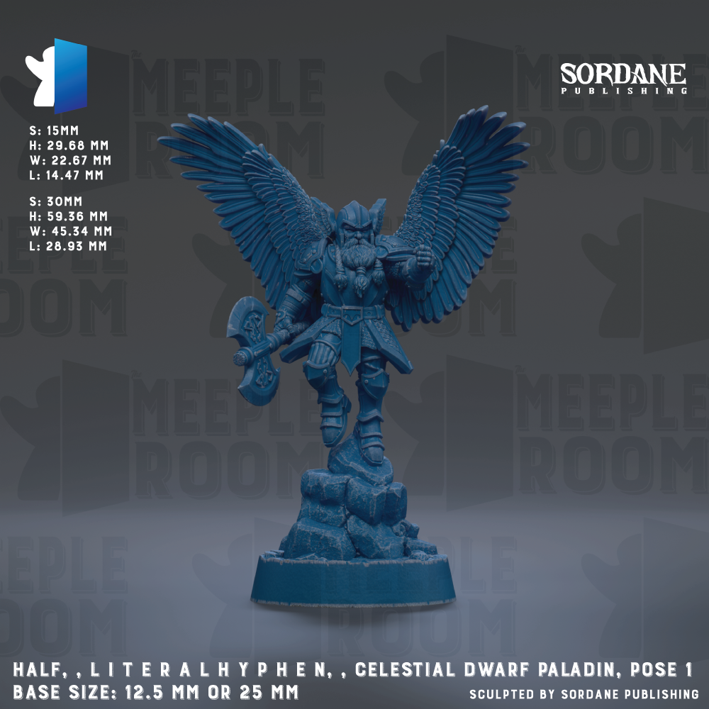 a figurine of a winged dwarf, a type of celestial dwarf paladin, posed in a dynamic fighting stance. The figurine is made of a blue material and is displayed against a dark background.