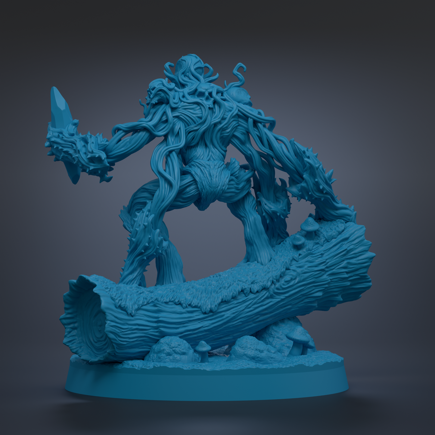 A 3D rendering of a fantastical creature with intricate, organic-looking features, such as a large head, long neck, and flowing, textured body, standing on a log and holding a weapon.