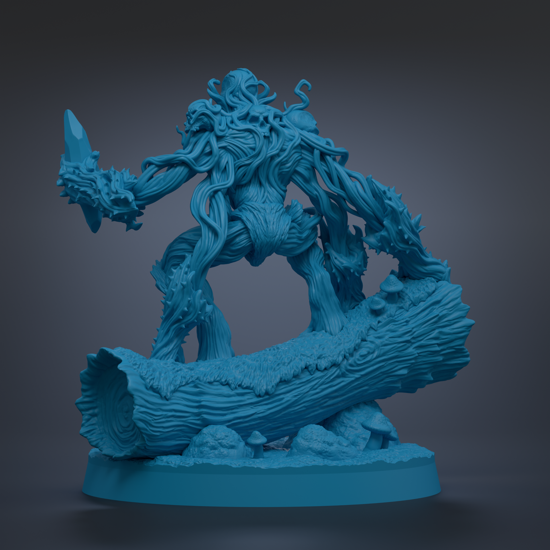 A 3D rendering of a fantastical creature with intricate, organic-looking features, such as a large head, long neck, and flowing, textured body, standing on a log and holding a weapon.