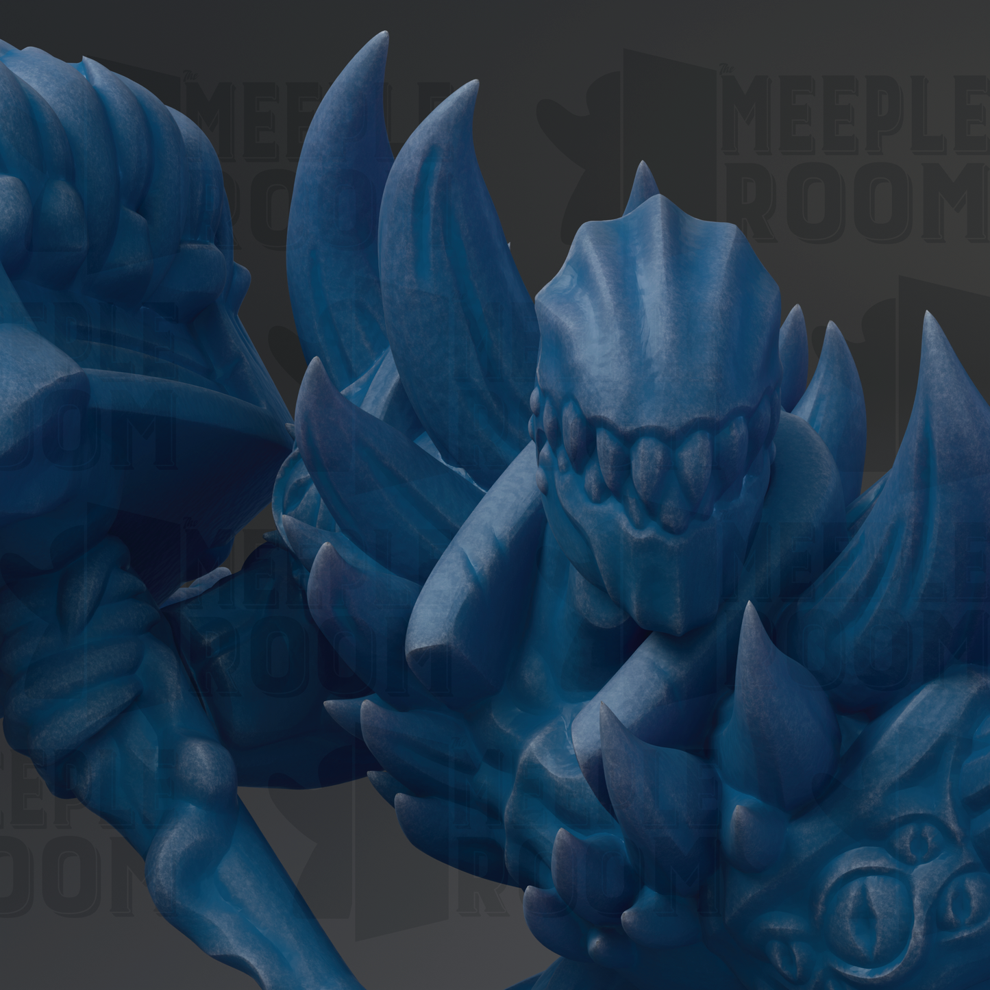 A close-up view of a blue, sculpted creature with sharp teeth and claws, set against a dark background.