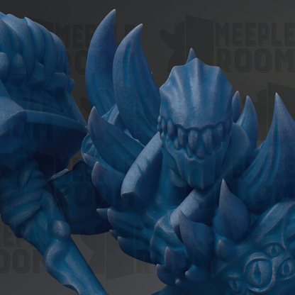 A close-up view of a blue, sculpted creature with sharp teeth and claws, set against a dark background.