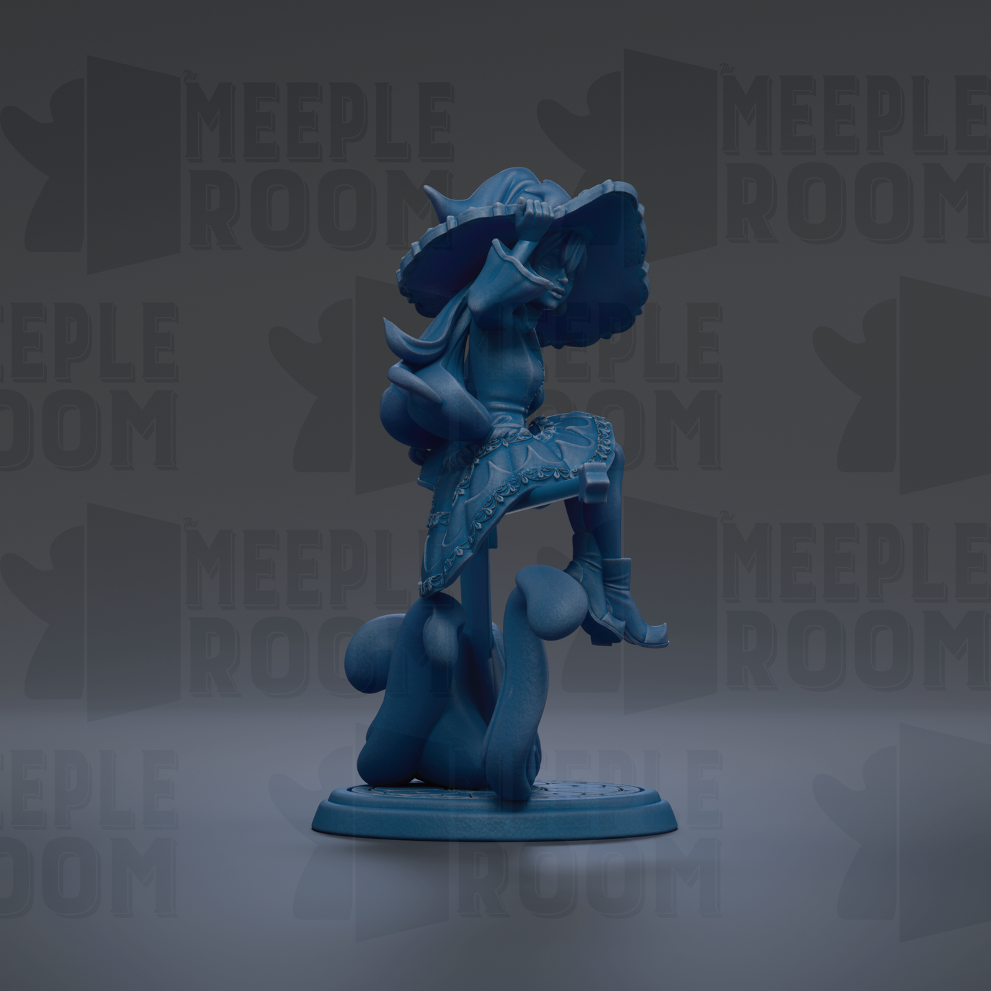 A blue figurine of a person wearing a hat and dress, sitting on a base.