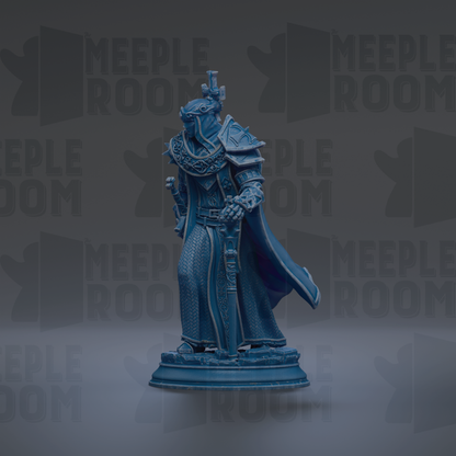 A blue statue of a knight standing on a pedestal against a dark background.