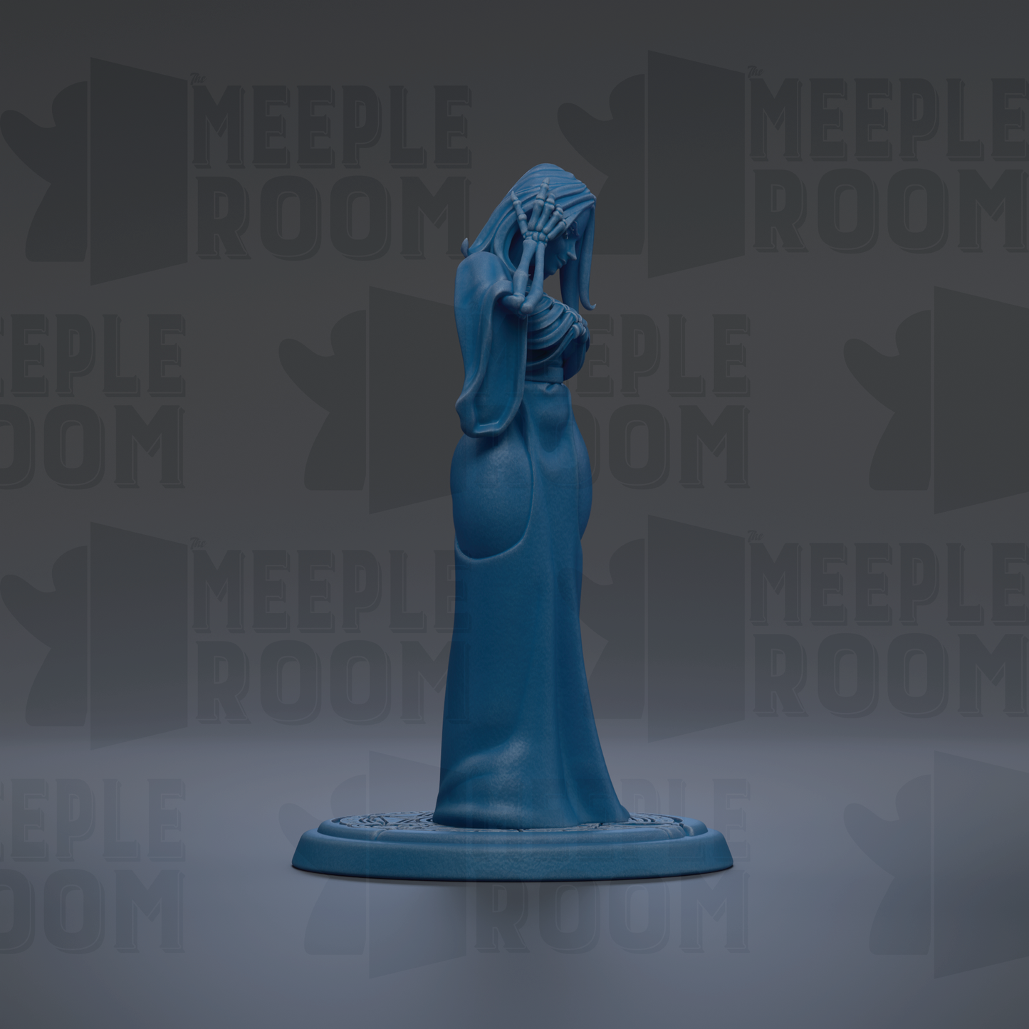 A blue figurine of a woman with a long dress stands on a base against a dark background with repeated text.