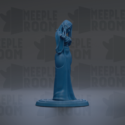 A blue figurine of a woman with a long dress stands on a base against a dark background with repeated text.