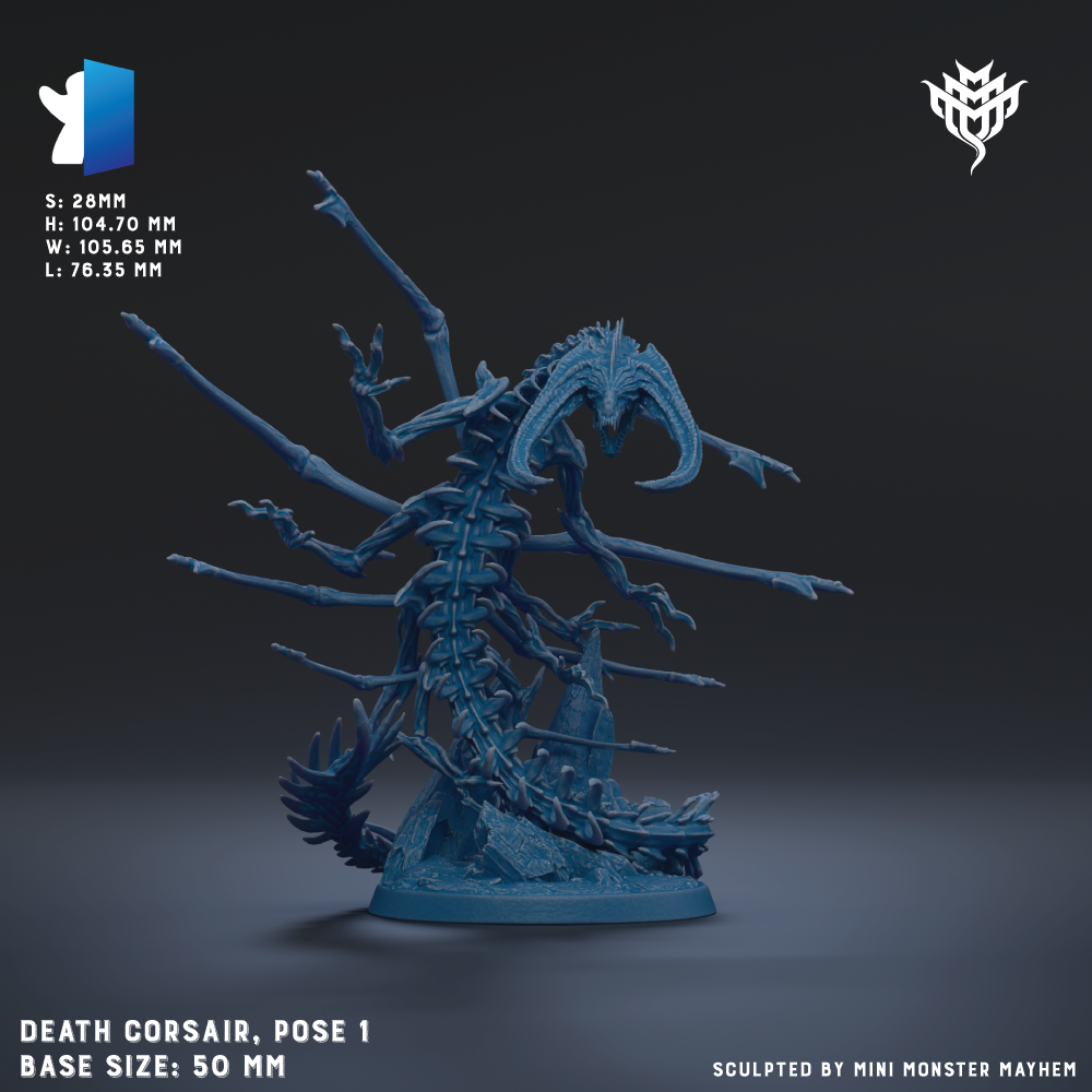 a blue, 3D-rendered figurine of a large, fantastical creature with multiple arms and legs, resembling a mythical or magical being. The figurine is positioned on a base that is described as "50mm" in size. The image is a 3D rendering of the figurine, and it is not a collage of multiple images. The figurine is titled "DEATH CORSAIR, POSE 1" and is described as "BASE SIZE: 50mm". The image is sculpted by "MINI MONSTER MAYHEM".