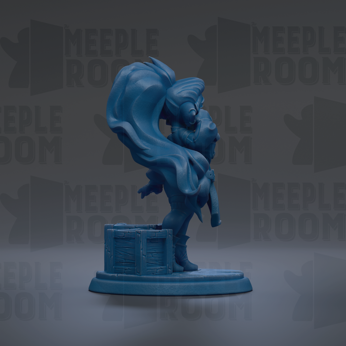 A blue figurine of a person with long hair and a flowing cape, standing on a base with a box, against a dark background with repeated text.