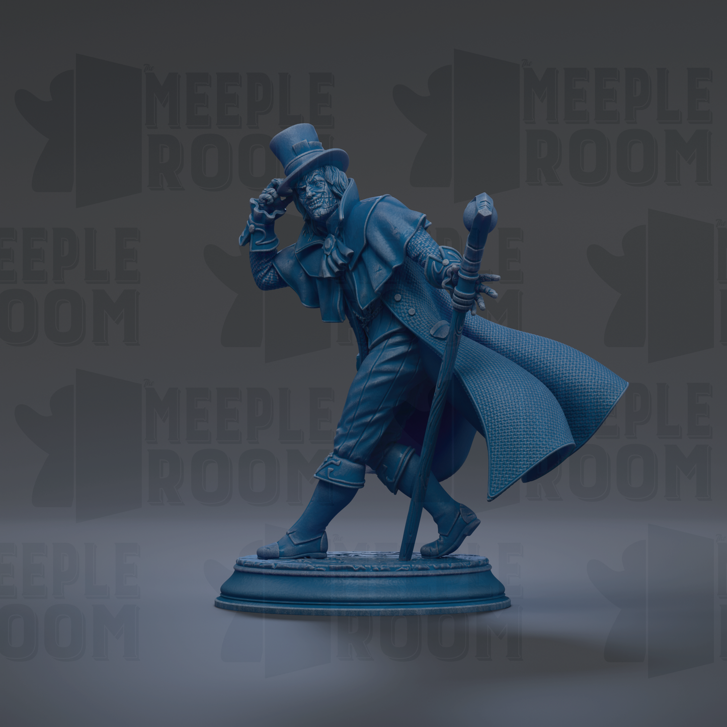 A blue statue of a man in a top hat and coat, holding a cane, standing on a pedestal against a dark background with repeated text.