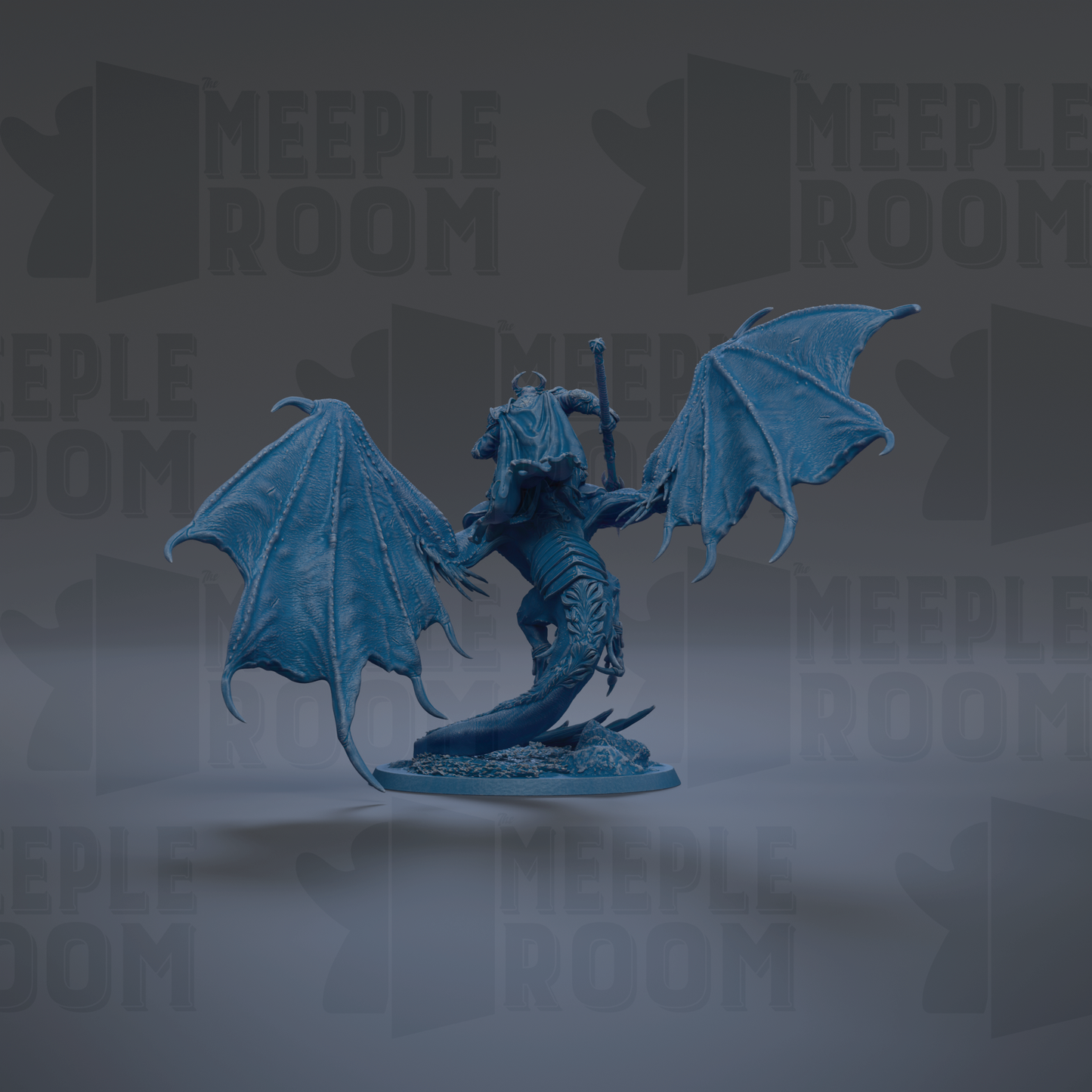 A 3D rendering of a blue dragon-like creature with wings and a staff, standing on a platform against a dark background with repeated text.