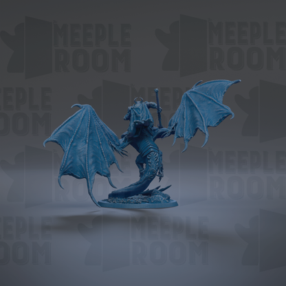 A 3D rendering of a blue dragon-like creature with wings and a staff, standing on a platform against a dark background with repeated text.